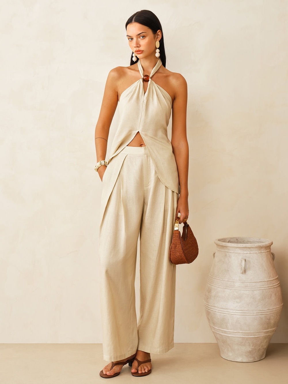 Commense Beige Halter Wide-Leg Pants